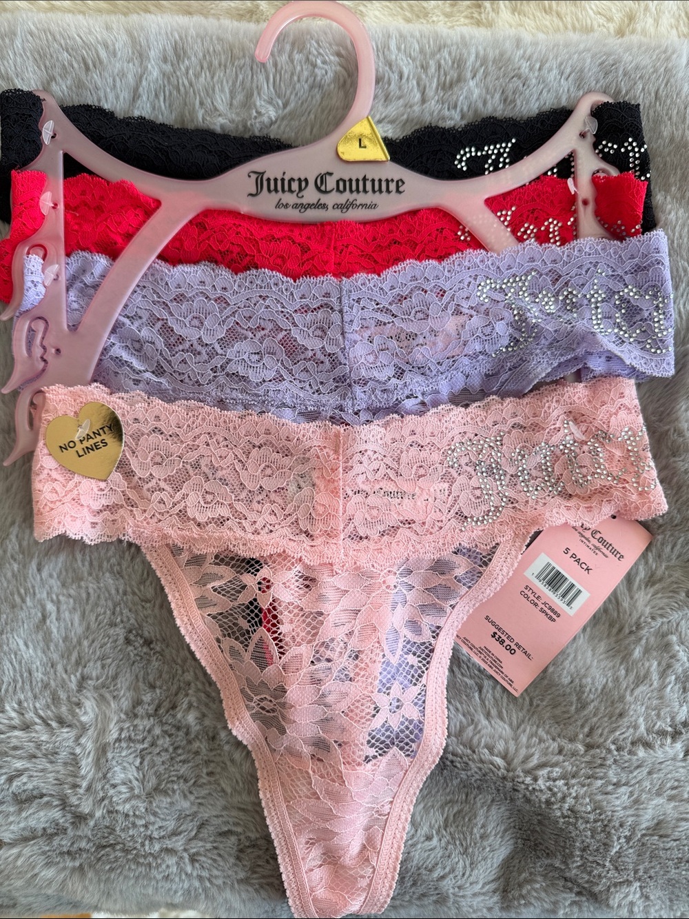 Juicy Couture Women's Lace Thong Panty 4-Pack — Pink, Lavender & Red